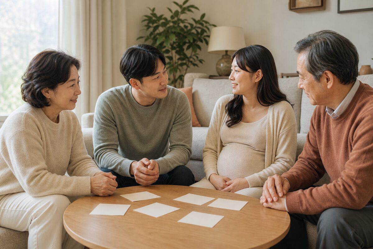 아기 이름에 대한 다양한 의견을 나누는 가족