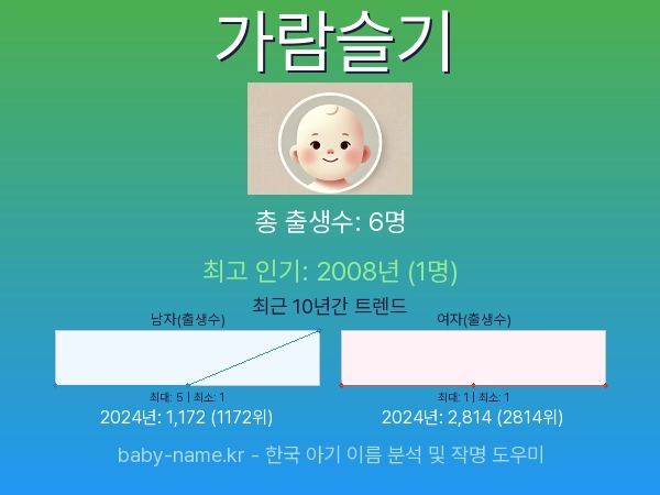 한국 아기 이름 가람슬기 통계 인포그래픽: 출생신고 수, 인기도 추이, 순위 정보 (2008년~2026년)