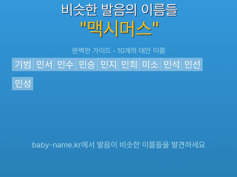 맥시머스 비슷한 발음 이름 추천 인포그래픽: 유사도 기반 아기 이름 추천 및 작명 참고용 이름 목록