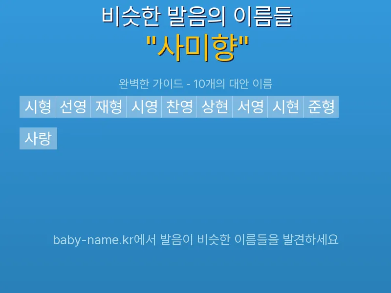 사미향 비슷한 발음 이름 추천 인포그래픽: 유사도 기반 아기 이름 추천 및 작명 참고용 이름 목록